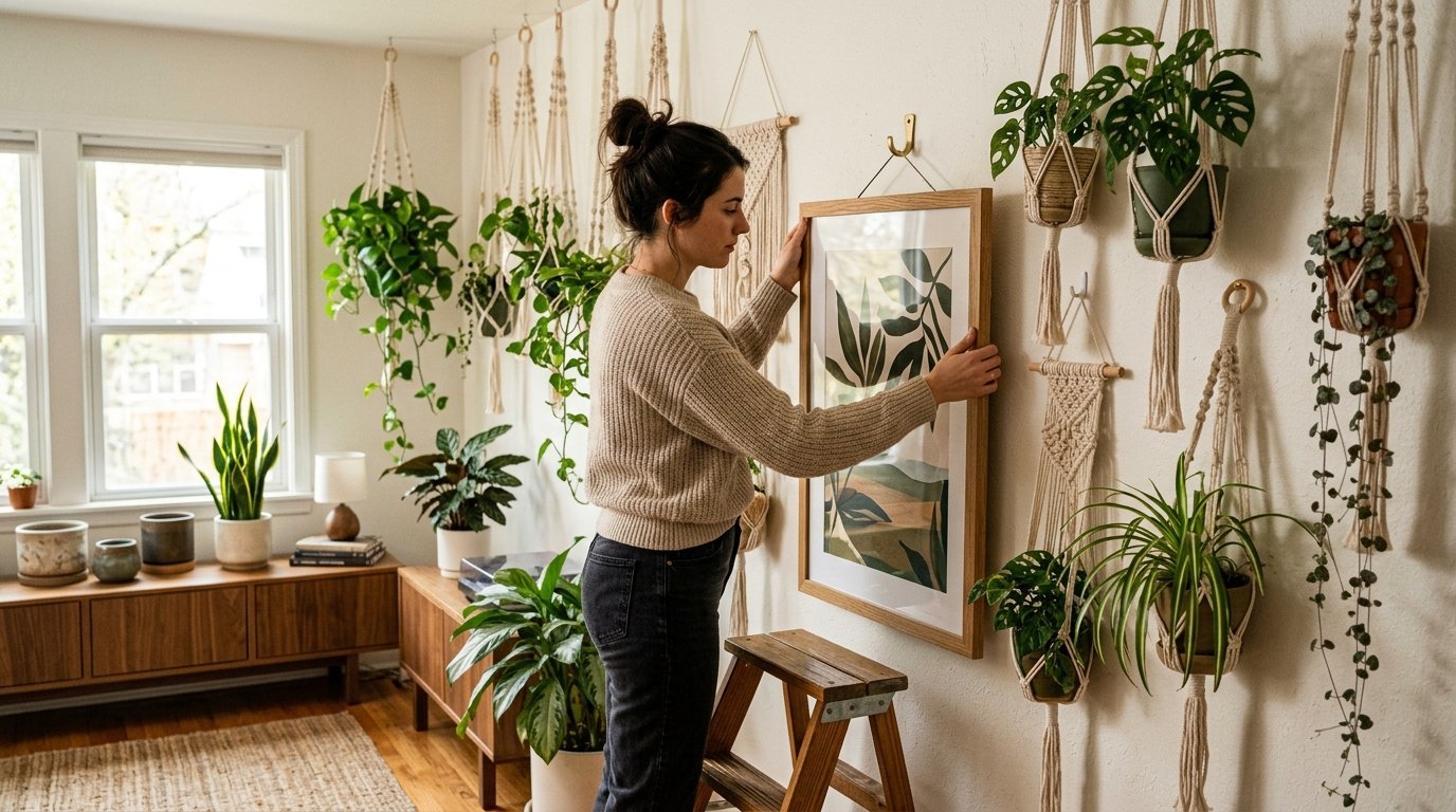 A woman standing on a wooden step stool mounting a framed picture on a wall decorated with many macrame plant hangers.