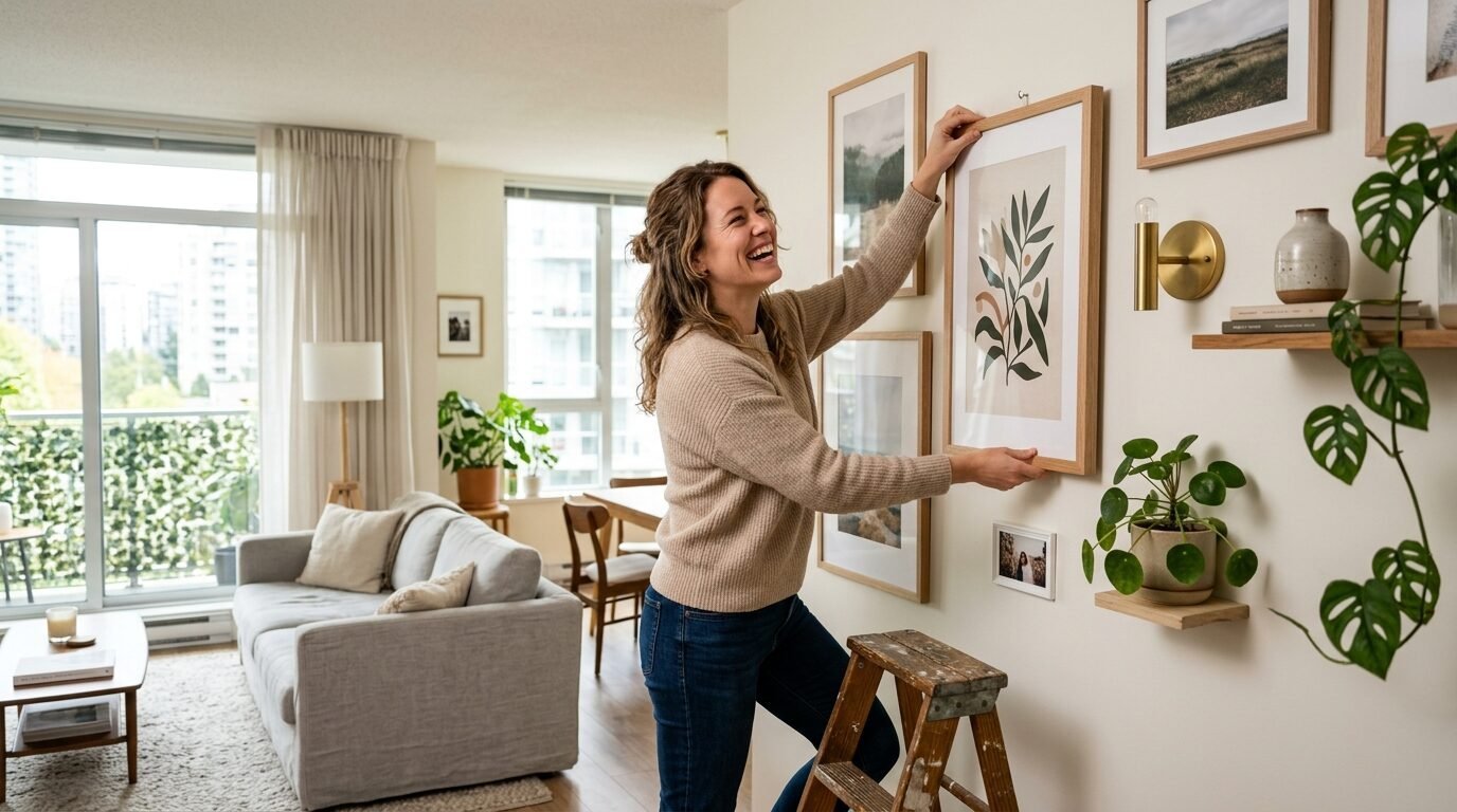 Smiling woman standing on a wooden step ladder hanging a framed leaf print art piece in her modern apartment.