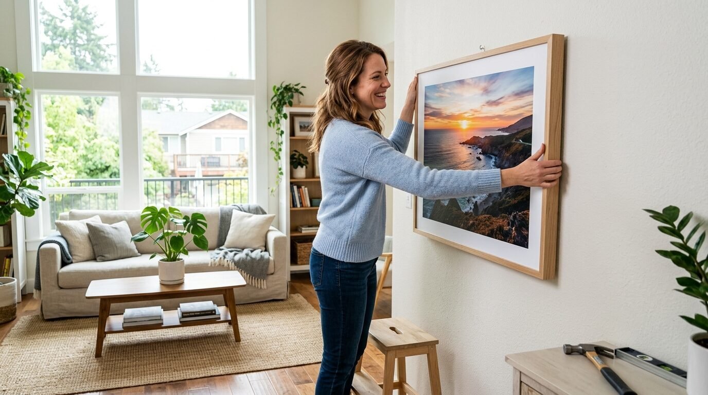 Woman in blue sweater carefully mounting a framed nature photo in a bright, modern living room.