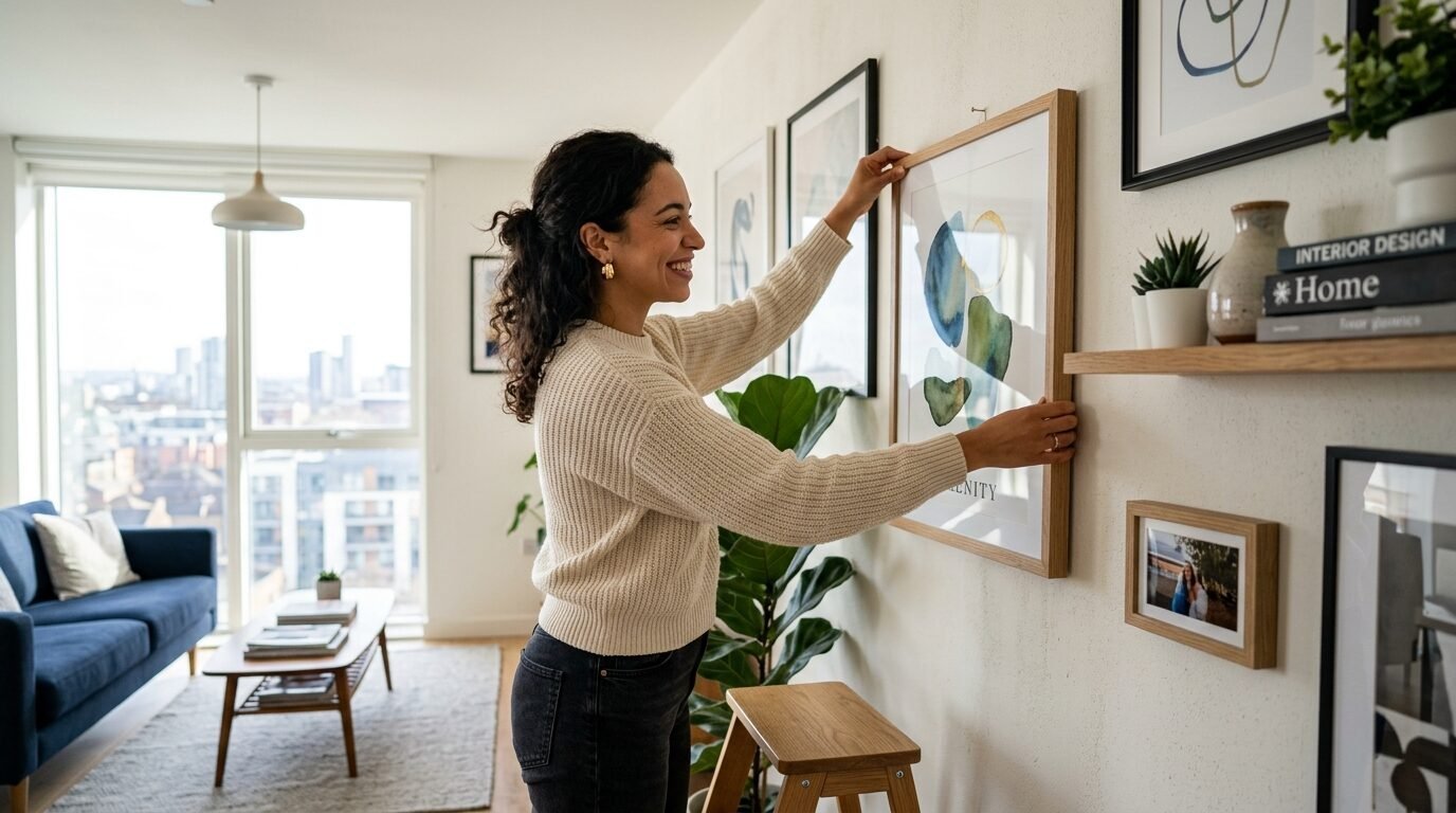 A smiling woman stands on a small stool while adjusting a framed watercolor print on a white gallery wall.