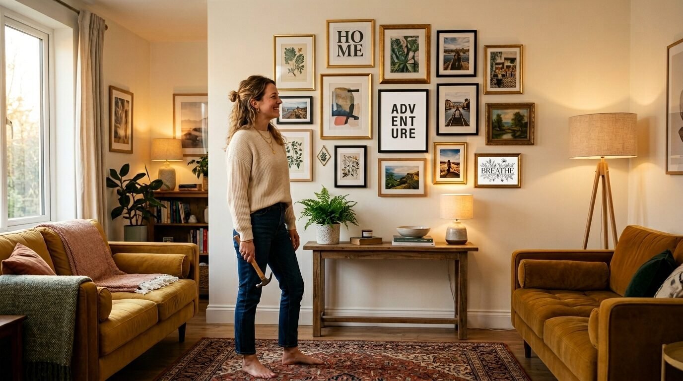 A barefoot woman in a sweater holding a hammer standing before a wall decorated with multiple framed art prints.