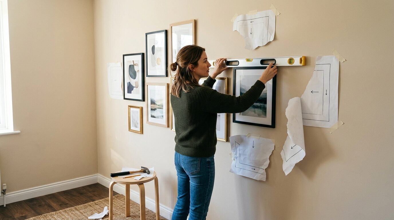 A woman in a green sweater uses a spirit level to hang a framed picture on a beige wall with paper templates.
