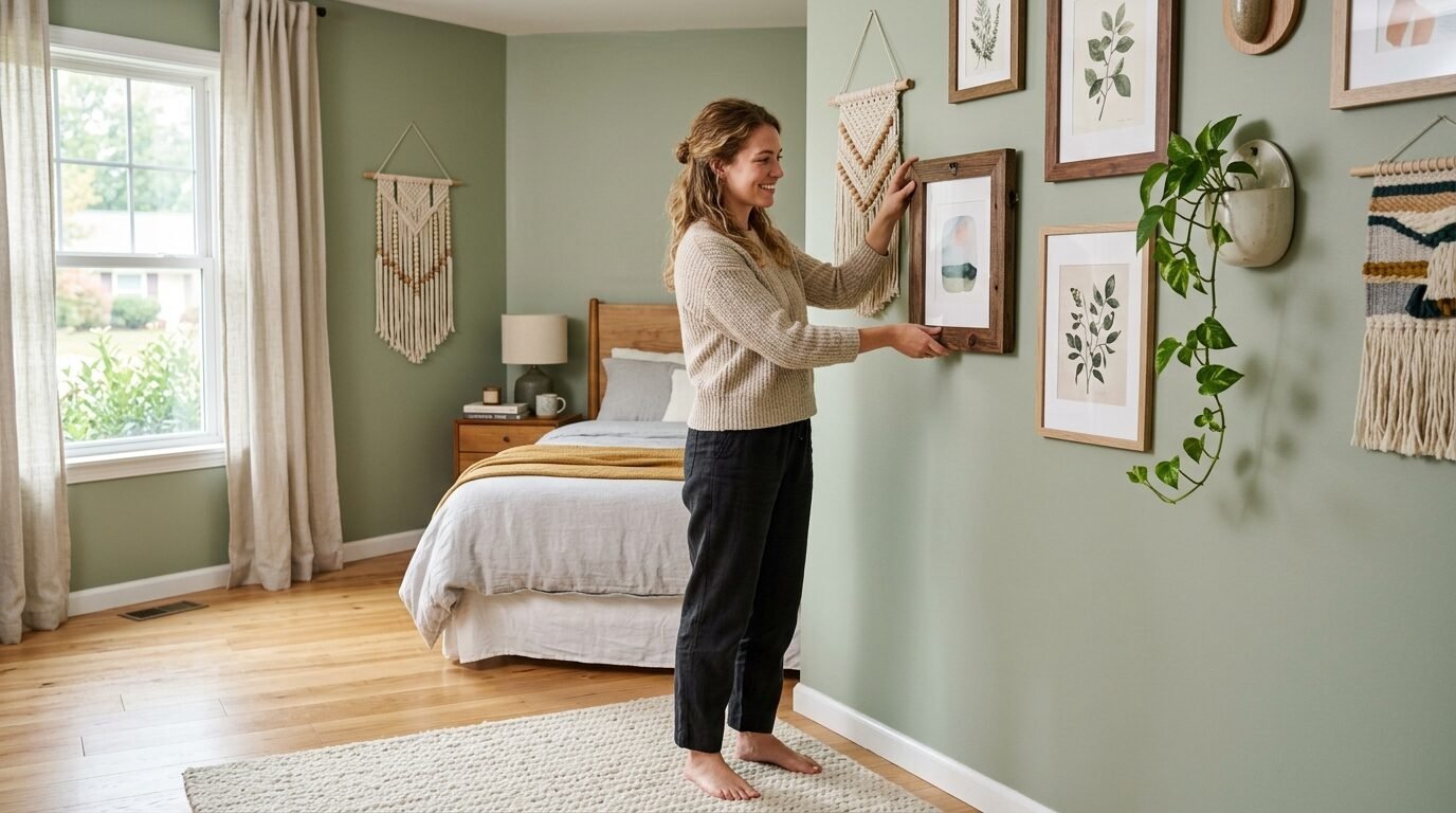 Woman in a beige sweater standing barefoot in a bedroom while positioning a wooden frame on a decorated wall.