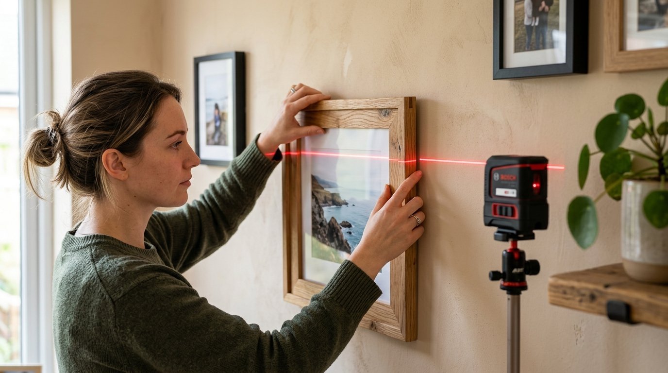 A person carefully aligning a framed print on the wall with the guidance of a red laser line from a tripod level.