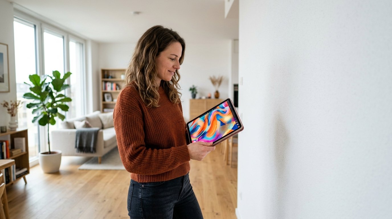 A woman stands in a bright, modern living room while looking at a tablet displaying a vibrant abstract design.