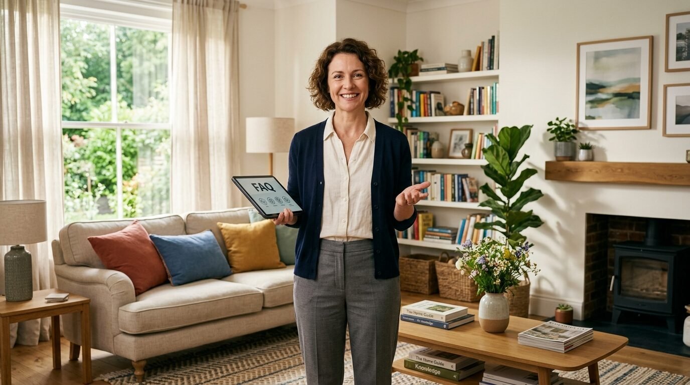 A friendly woman holding a tablet with FAQ text in a comfortable home interior with bookshelves and a fireplace.