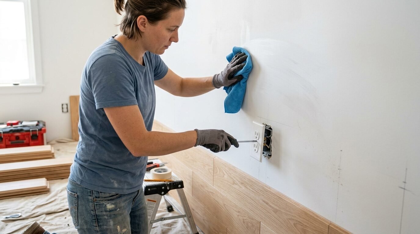 A person using a screwdriver to fix an outlet cover while cleaning the surrounding wall with a blue cloth.