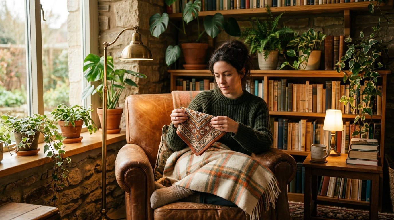 Woman in a green sweater holding a patterned cloth while relaxing in a leather chair by a bookshelf.