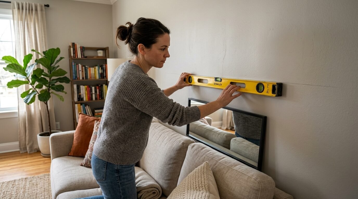 A person kneeling on a beige sofa while holding a Stanley level against a blank wall above a framed mirror.