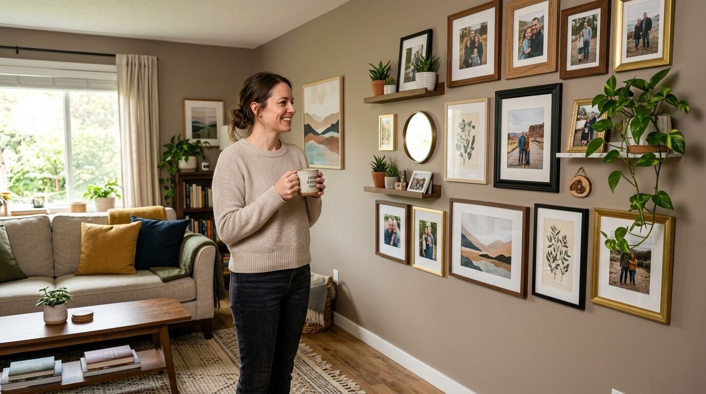 A woman stands in a living room admiring a large gallery wall filled with family photos and art prints.