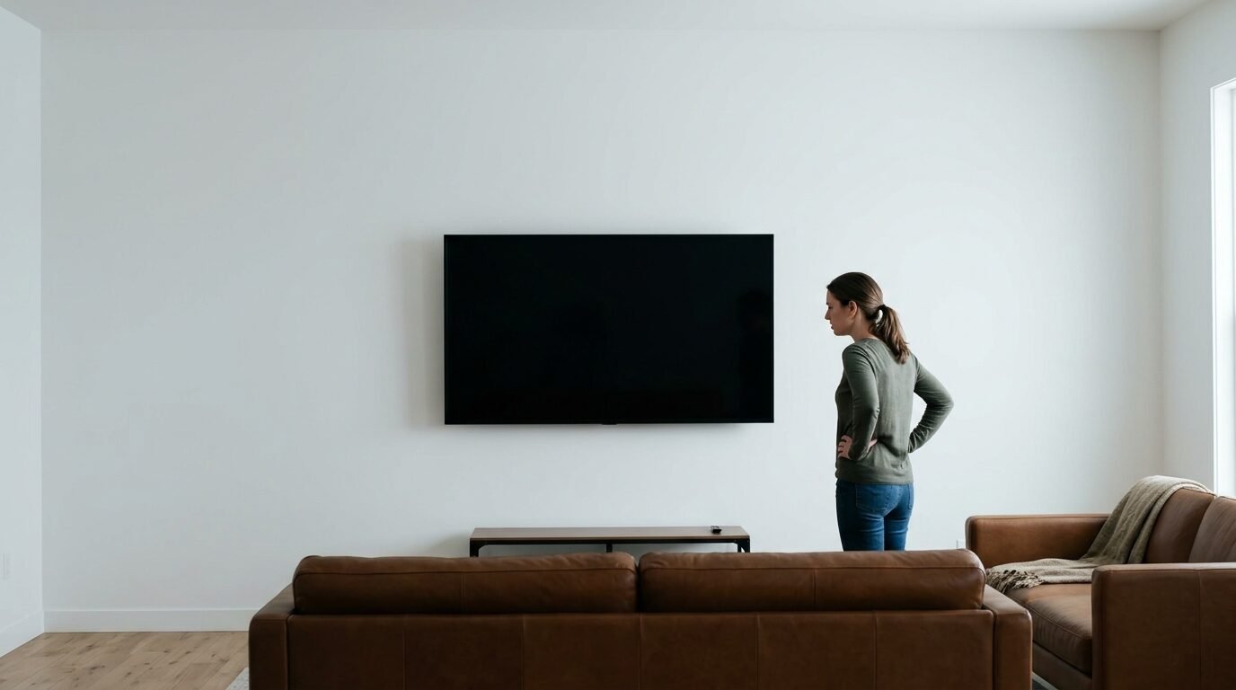A person stands in front of a flat screen television mounted on a plain white wall.