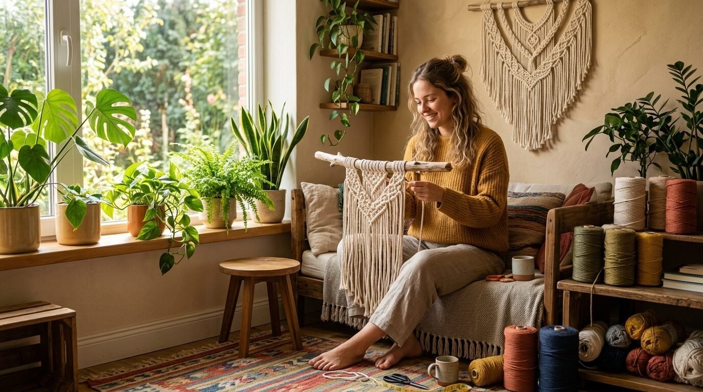 A smiling woman sits on a bench weaving rope into a macrame art piece surrounded by lush houseplants and yarn.