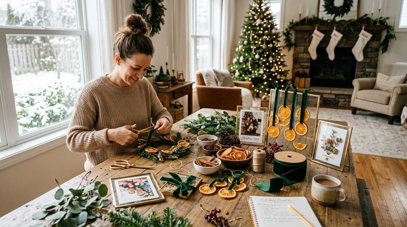 A woman creates a Christmas wreath with dried orange slices at a wooden table in a living room.