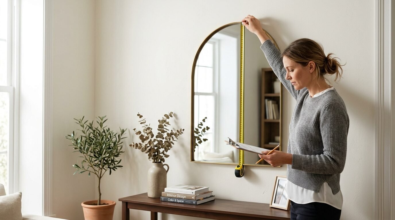 A person recording measurements of an arched brass mirror hanging on a white wall above a console table.