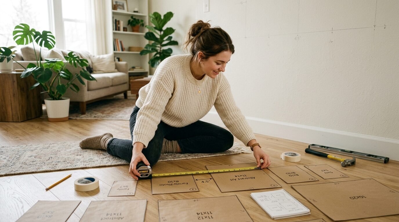A woman sits on the floor using a tape measure to check spacing of cardboard templates for a photo wall display.