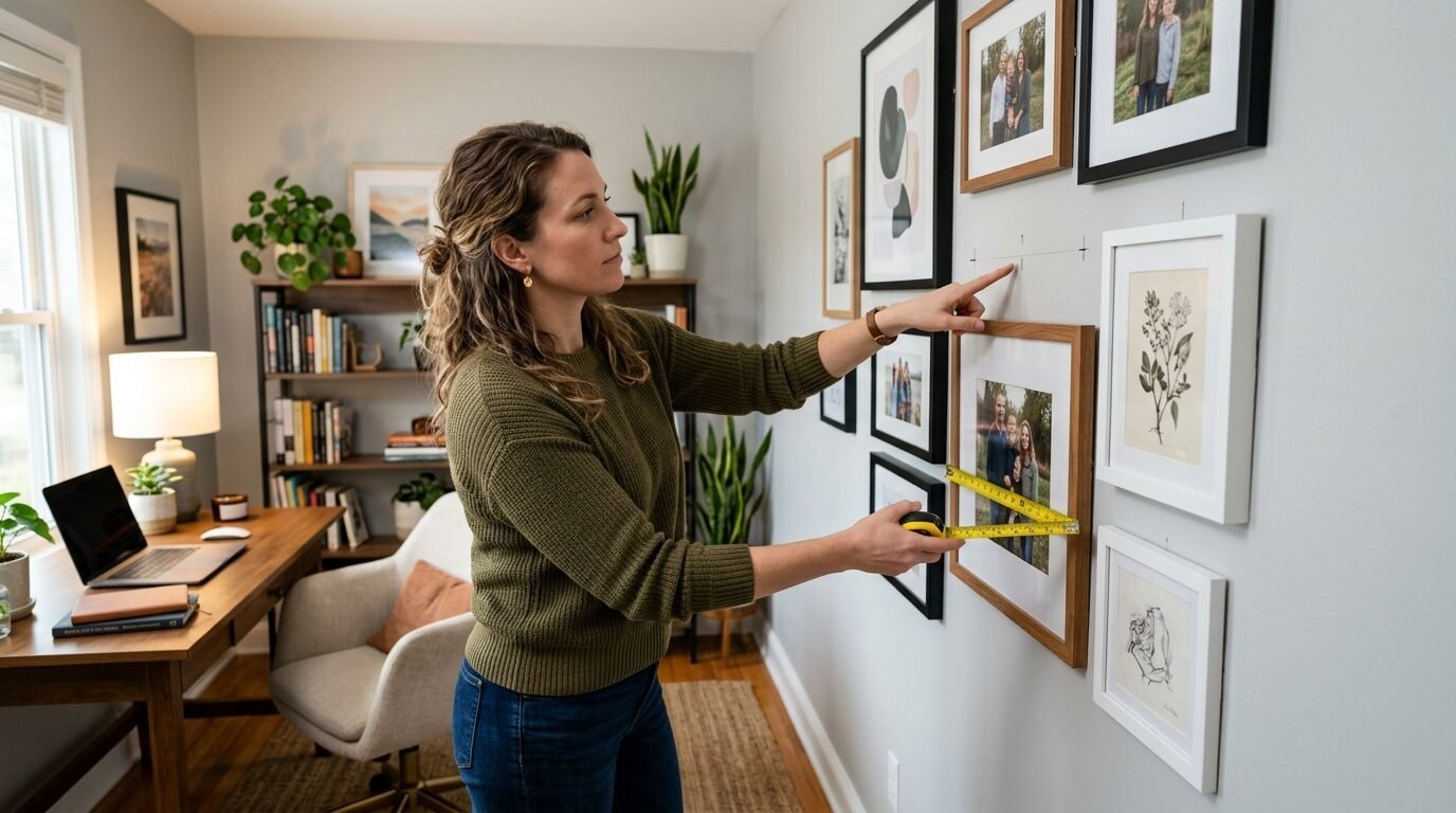 A woman in a green sweater uses a tape measure and marks the wall while creating a gallery wall display.