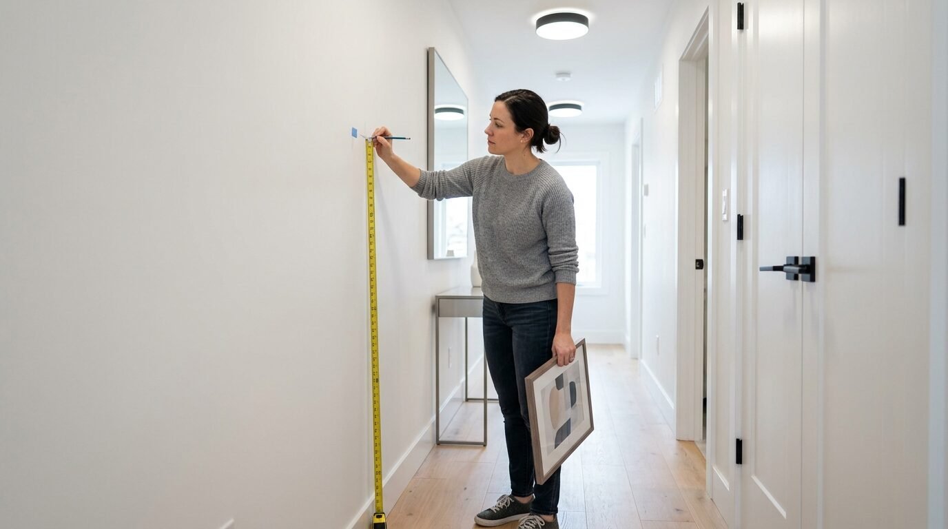 A woman stands in a bright hallway holding a framed picture and using a yellow measuring tape to mark the wall.