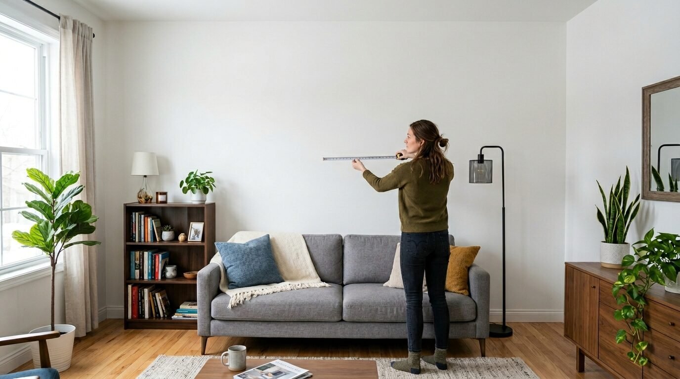 A person in a brown sweater uses a tape measure on the wall above a couch in a living room.
