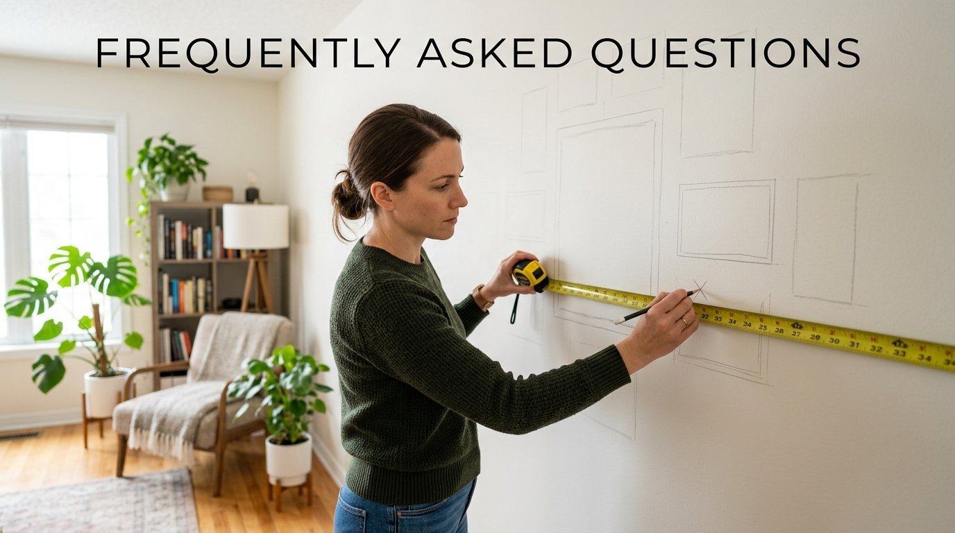 A woman using a yellow tape measure and pencil to plan picture frame placements on a white living room wall.