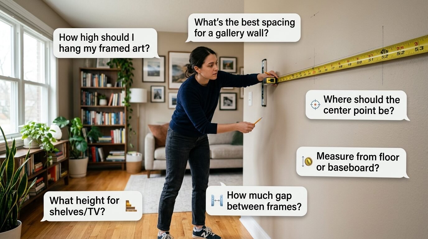 A woman uses a tape measure and level to mark wall spacing for hanging framed pictures.