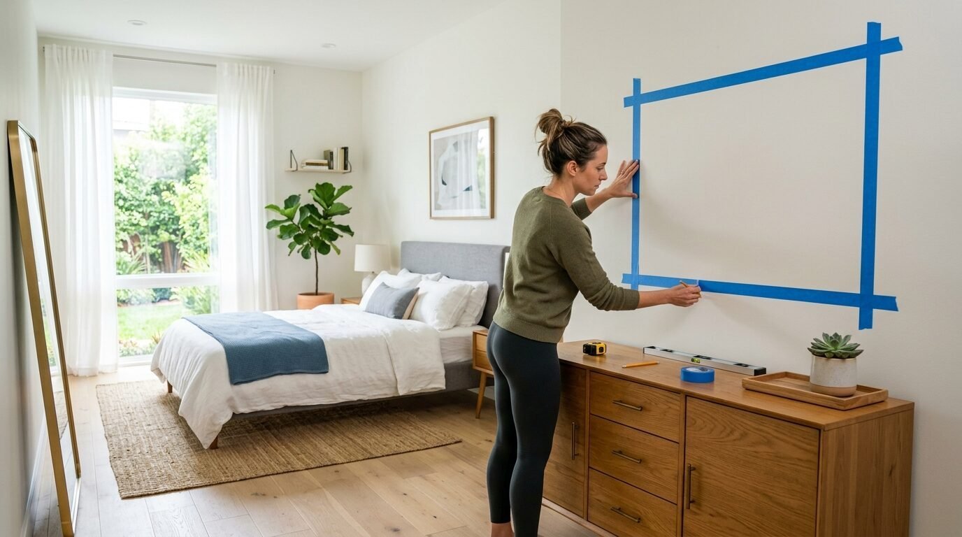 A woman uses blue painter's tape to outline a rectangular shape on a bedroom wall above a wooden dresser.