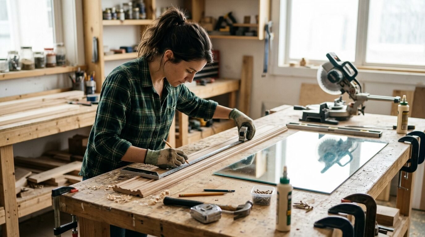 Woman in plaid shirt uses a square and pencil to mark wooden trim on a workbench.