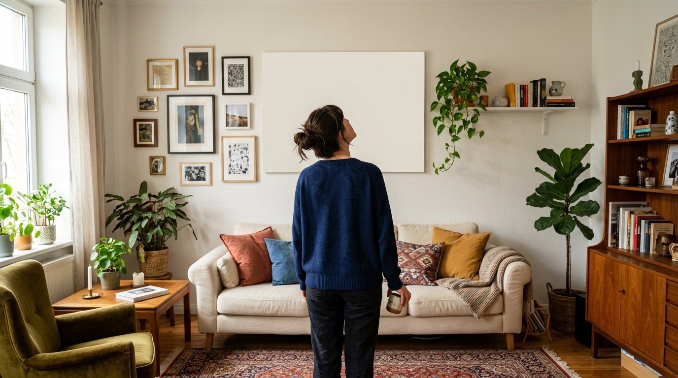 A person standing in front of a beige sofa and a wall decorated with multiple picture frames and a large empty print.