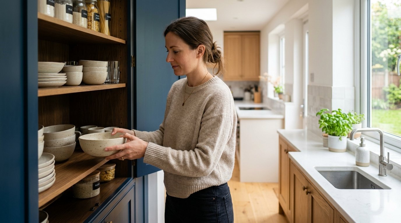Woman in beige sweater placing a speckled ceramic bowl onto a wooden shelf in a kitchen larder.