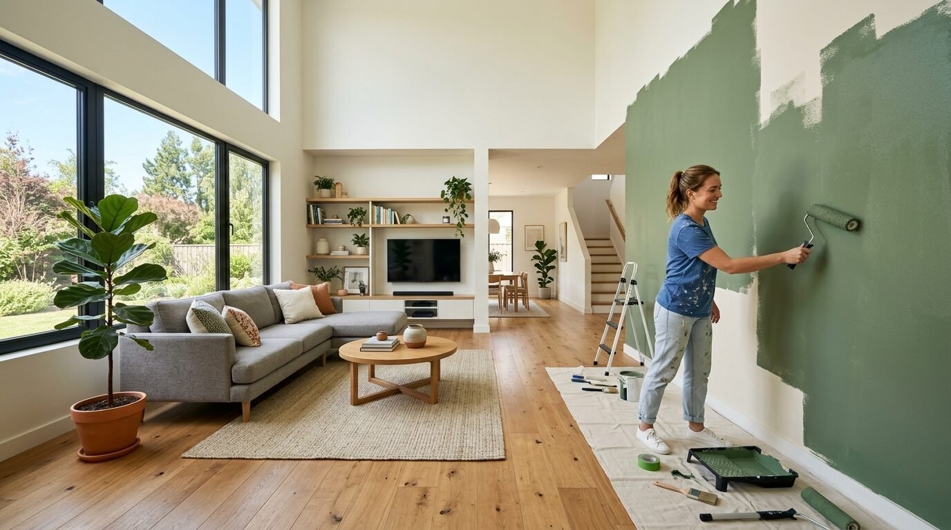 Woman in casual clothes uses a paint roller to apply sage green color to a large interior wall in a bright home.