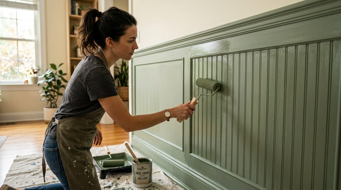 Young woman in an apron using a foam roller to paint vertical wood paneling sage green.