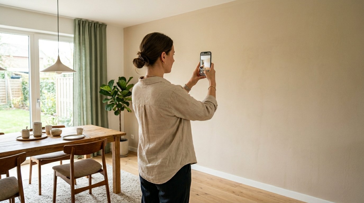A person standing in a dining area taking a photo of a neutral colored wall with a mobile phone.
