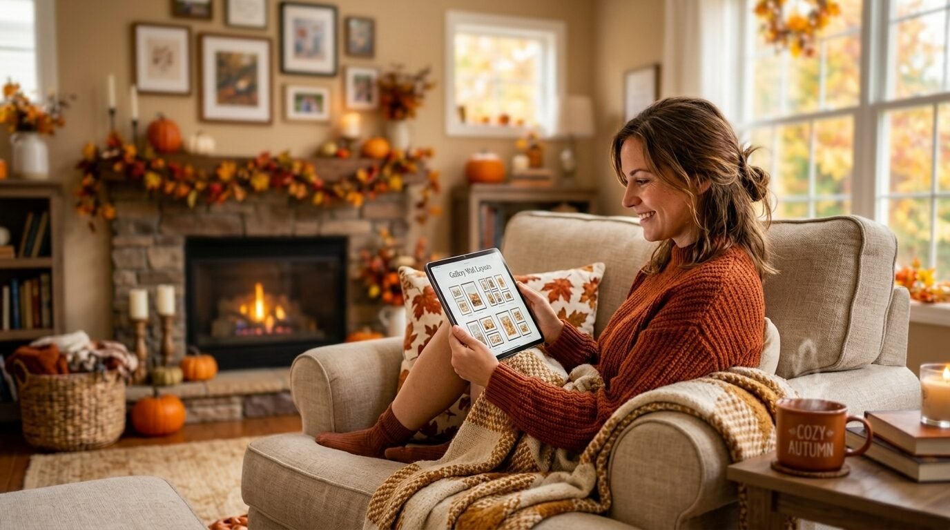 A woman in a cozy sweater looking at gallery wall templates on a tablet by a lit fireplace with autumn decor.
