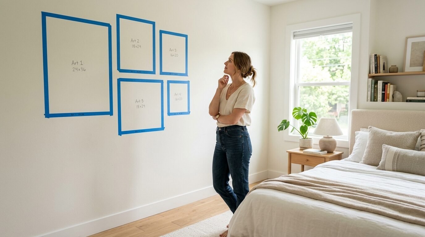 Woman standing in a bedroom looking at wall rectangles made of blue tape to plan a gallery wall layout.