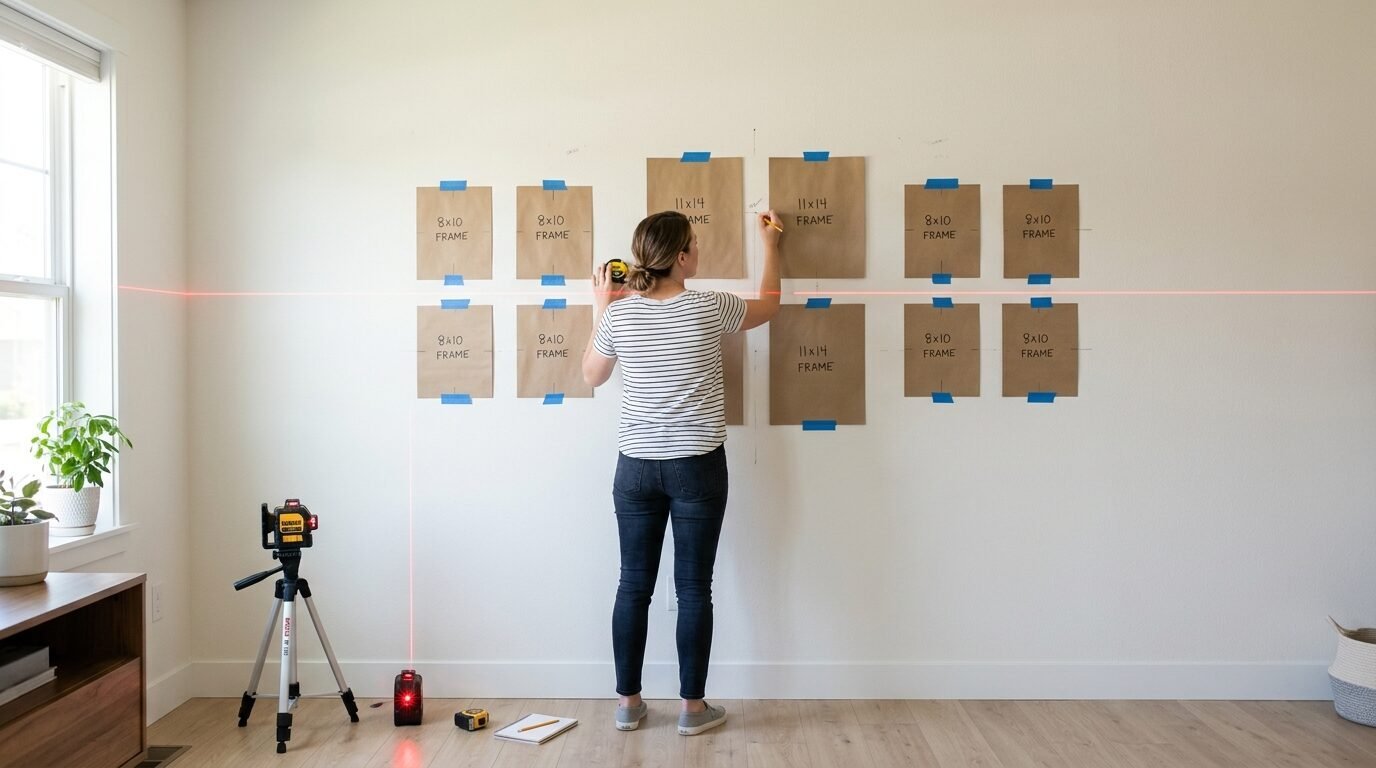 Person holding a pencil and measuring tape while arranging paper frame templates on a white wall with a laser level.