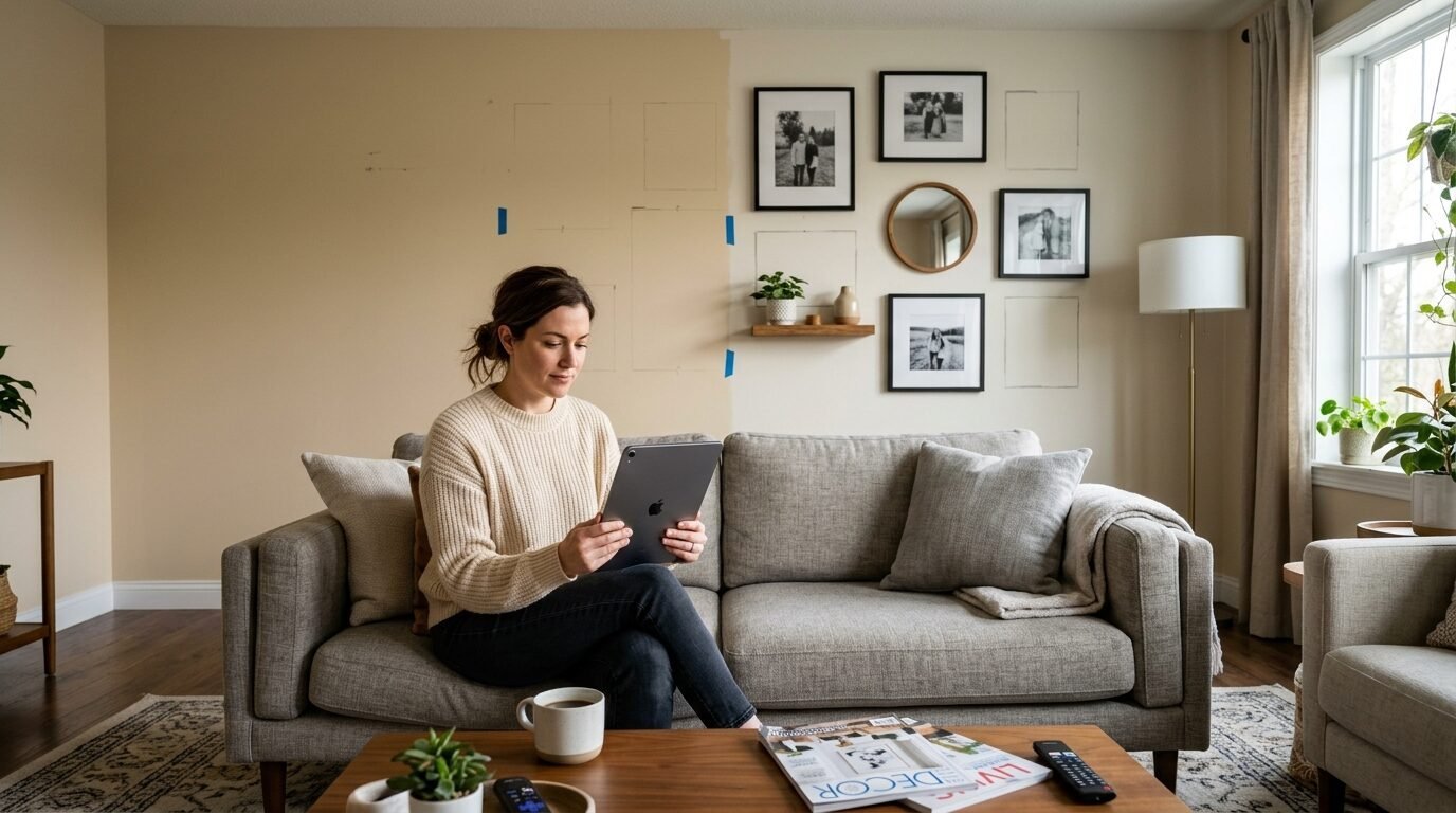 A woman in a cream sweater sitting on a grey couch, using a tablet to plan decor on a partially painted wall.