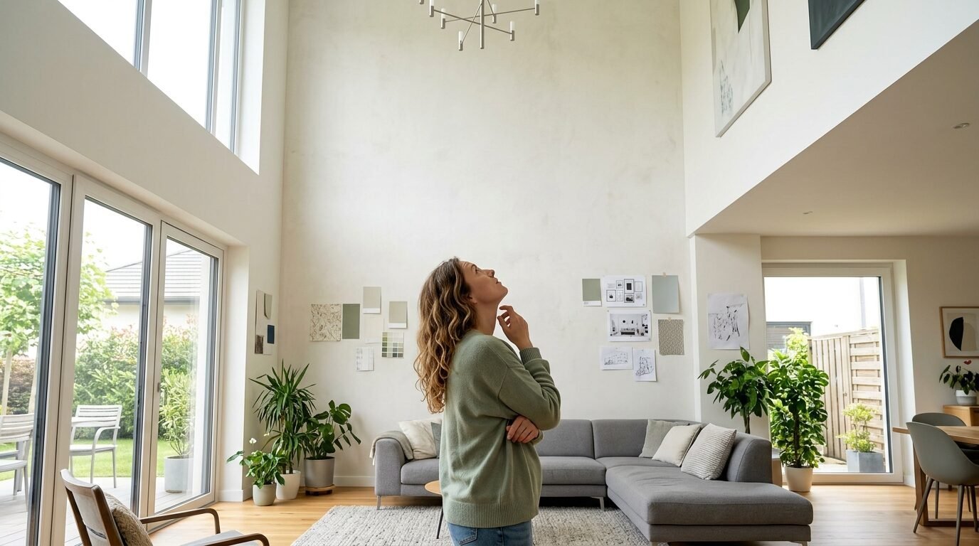 A woman stands in a living room with tall walls looking up at a modern chandelier while evaluating wall decor.