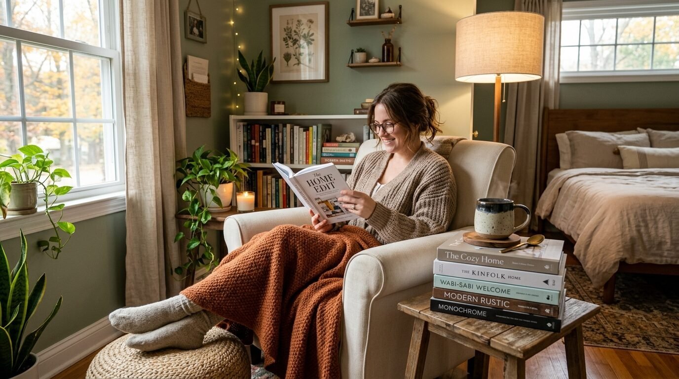A smiling woman sits in an armchair with a terracotta blanket, reading a book beside a stack of interior design books.