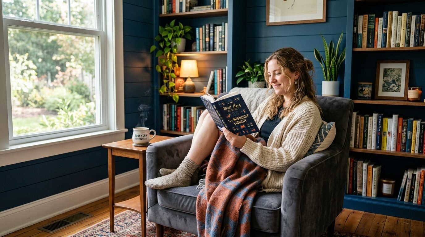 Woman in a beige cardigan reading a book while curled up in a grey armchair near a bookshelf and window.