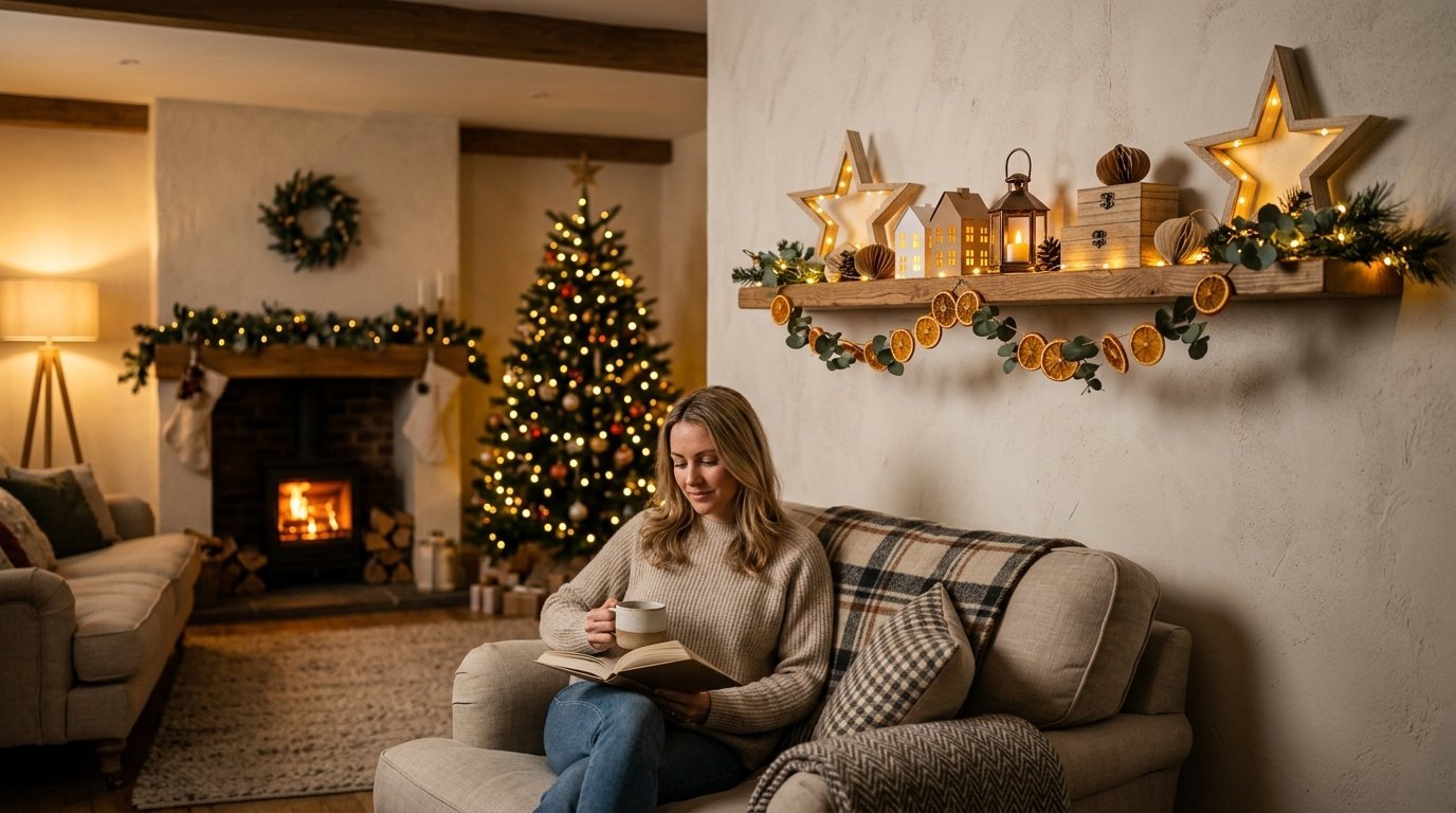 A woman sits on a sofa reading a book near a brightly lit Christmas tree and a festive fireplace.