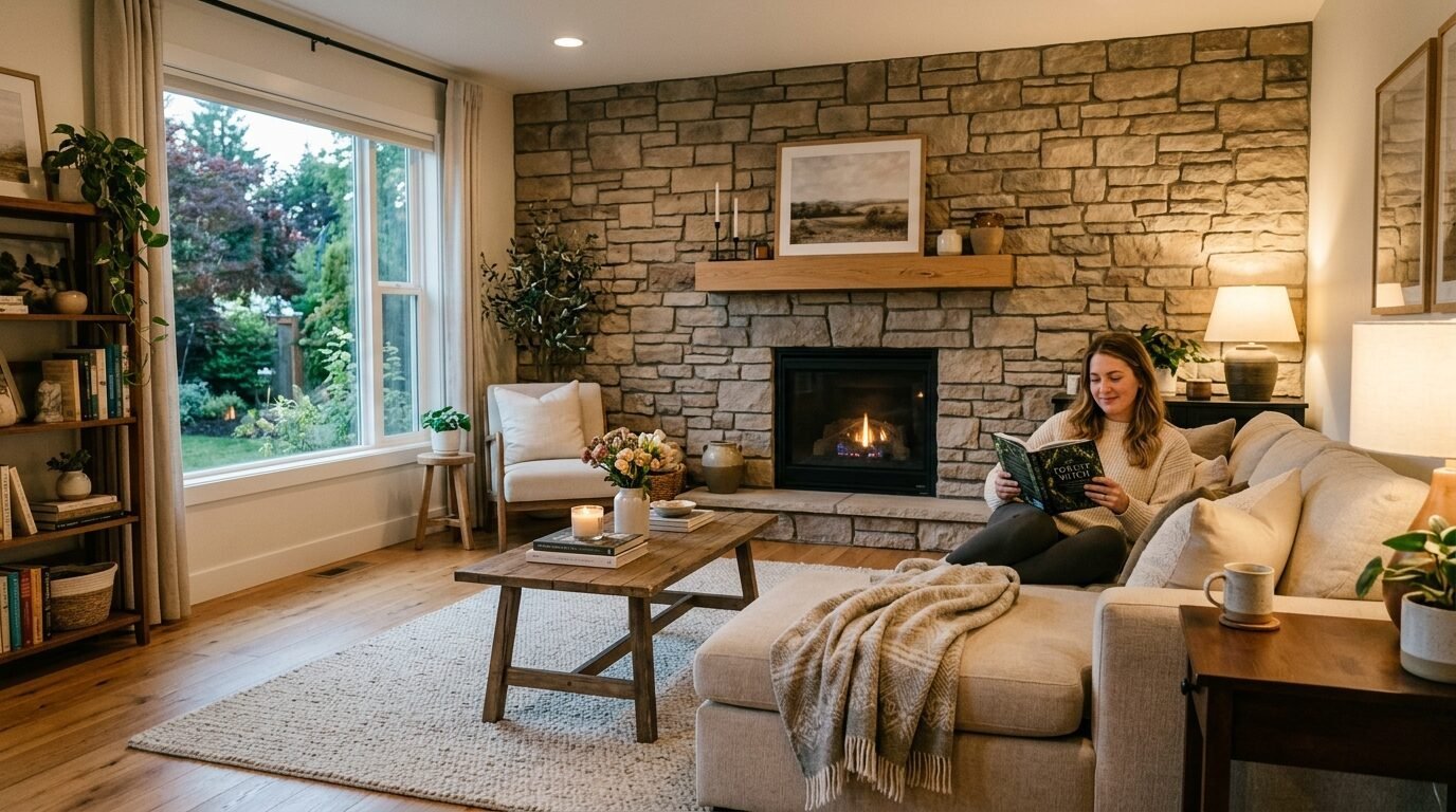 Young woman sitting on a comfortable couch in a living room with a stacked stone fireplace and large window.