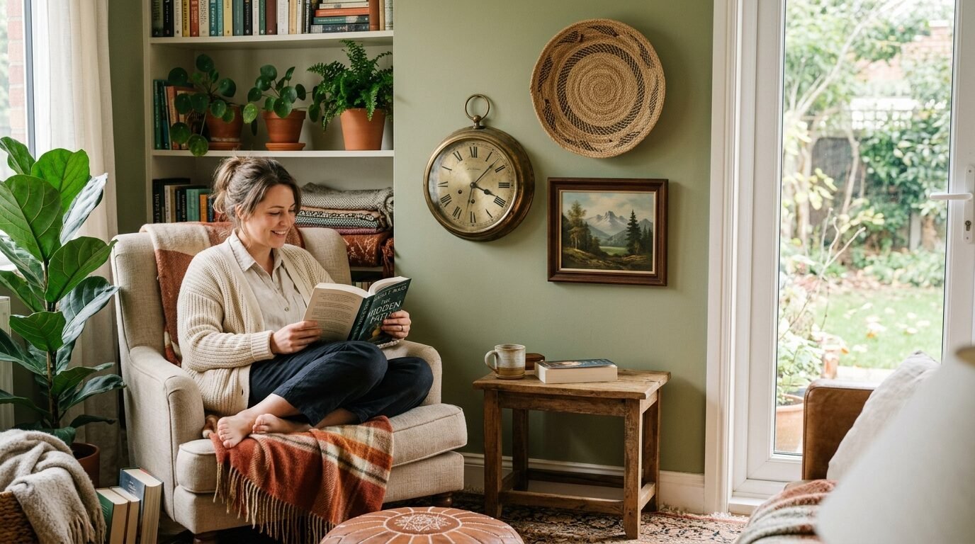 Smiling woman in a cardigan sitting in a beige armchair reading a book next to a wooden side table.