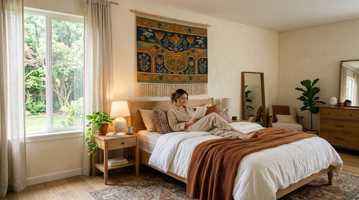 A woman reads a book while sitting on a wooden bed in a neutrally decorated room with a patterned floral wall hanging.
