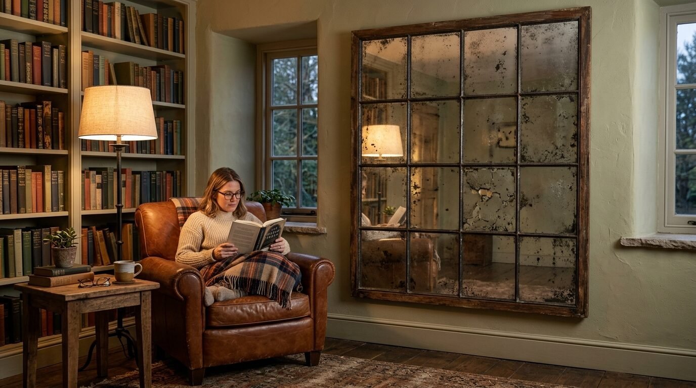 A woman wearing glasses and a sweater reads in a brown leather chair next to a large antique grid mirror.