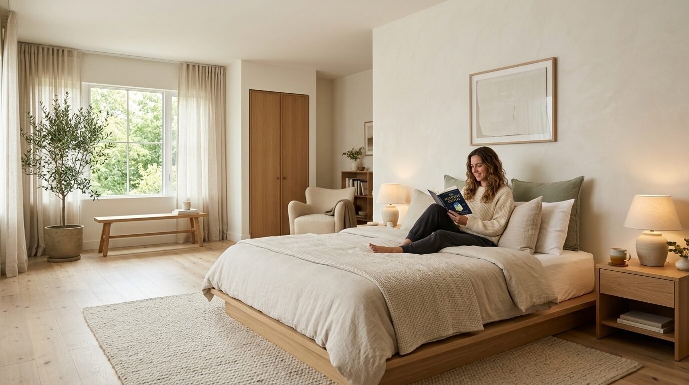 Young woman sitting on a platform bed reading a book in a modern bedroom with neutral tones and natural decor.