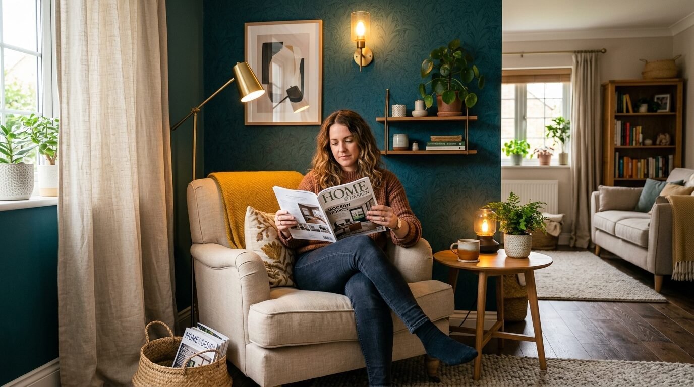Young woman in a sweater sits in a beige armchair reading a magazine in a cozy living room with teal walls.