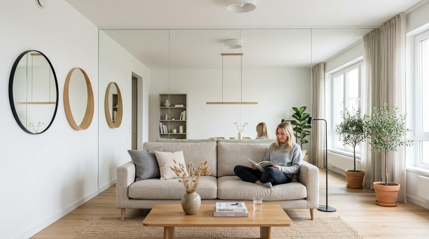 Blonde woman sitting cross-legged on a neutral fabric couch reading a book in a bright, minimalist apartment.