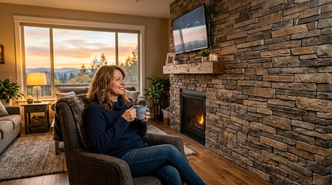 Woman in a navy sweater holding a mug while sitting in a cozy armchair near a stone hearth and sunset window view.