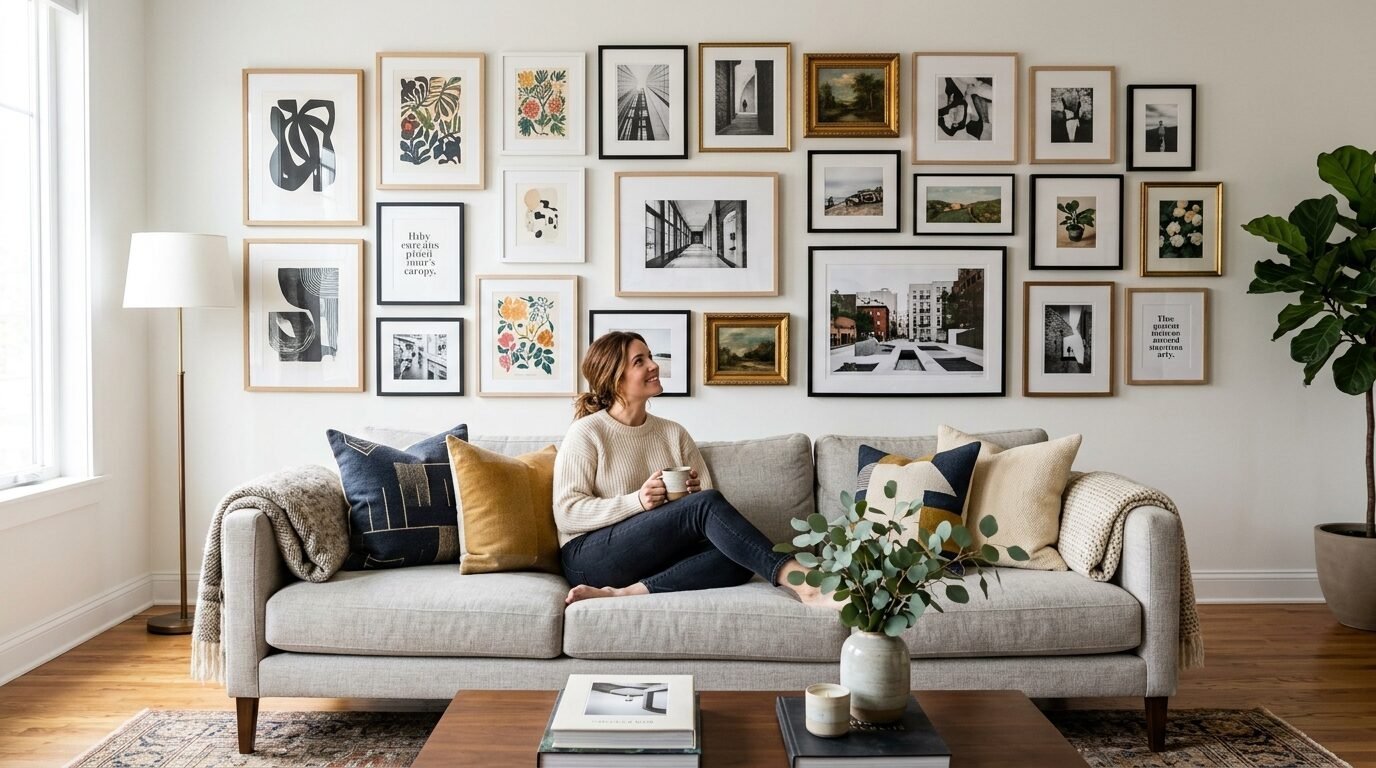 Smiling woman holding a coffee mug on a cozy sofa beneath a large collection of framed wall art.