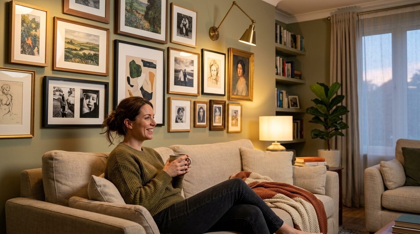 A smiling woman in a green sweater sits on a couch holding a drink under a large gallery wall of framed art.