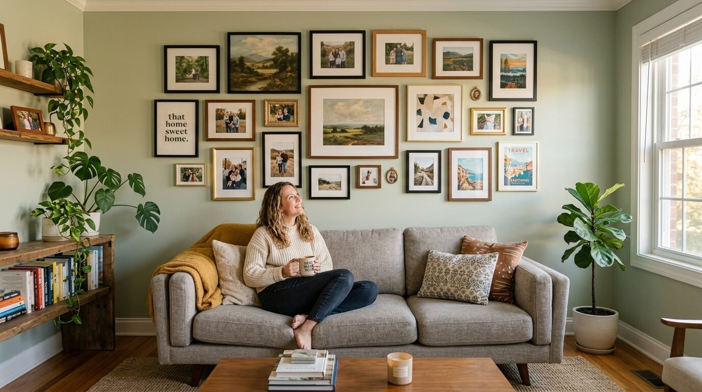 A woman holding a coffee mug sits on a sofa in front of a living room wall decorated with many framed pictures.